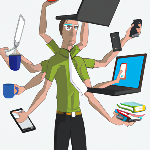 A busy entrepreneur juggling multiple tasks, illustrating the need for a virtual assistant.