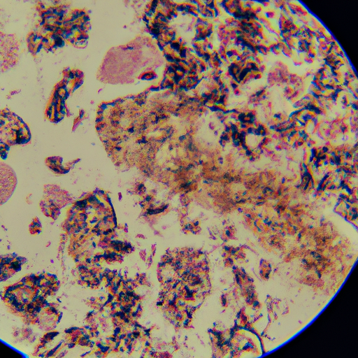 תמונה מיקרוסקופית המציגה חיידקים על פני השטח של בשר מיושן.