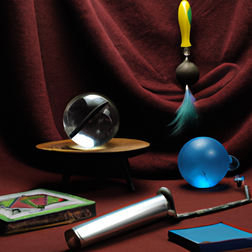 תמונה של כלים שונים הנפוצים על ידי מנטליסטים, כגון קלפי טארוט, מטוטלת וכדור בדולח